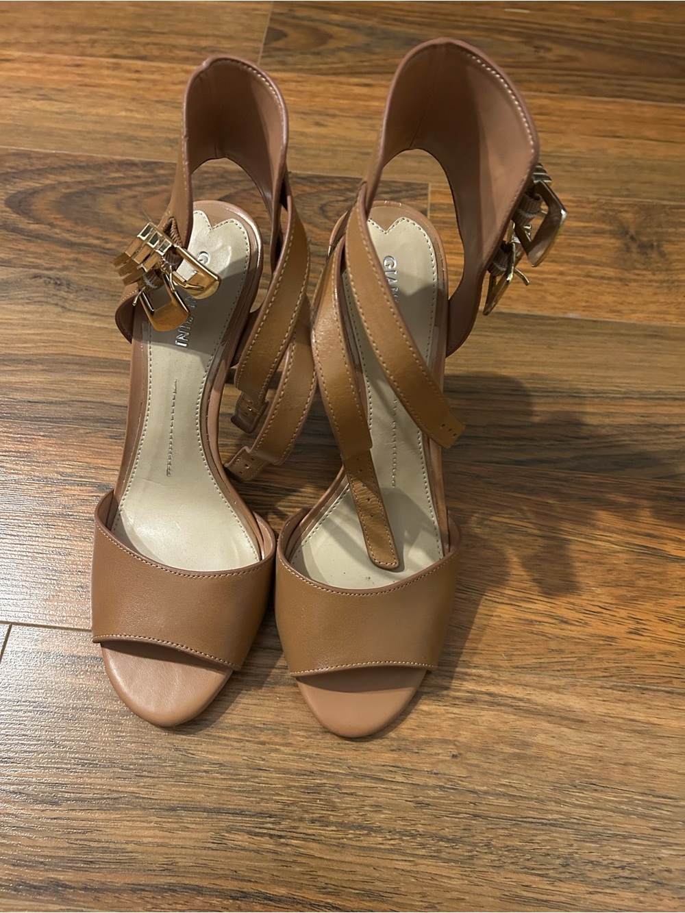 Gianni Bini Brown Leather Strappy Open-Toe Heels with Gold Buckle